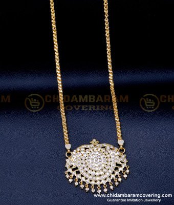 DLR245 - Latest Impon White Stone Pendant Designs with Long Chain Design