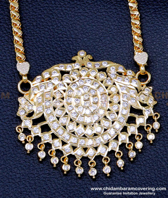 DLR245 - Latest Impon White Stone Pendant Designs with Long Chain Design