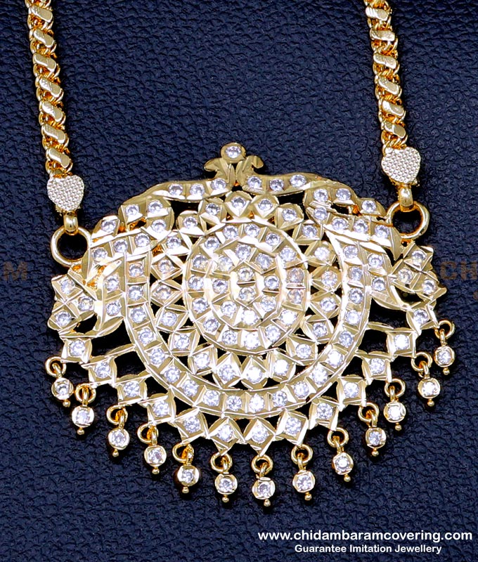 DLR245 - Latest Impon White Stone Pendant Designs with Long Chain Design