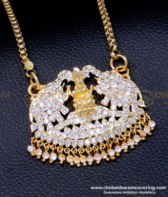DLR257 - White Stone Gajalakshmi Pendant Long Chain with Dollar