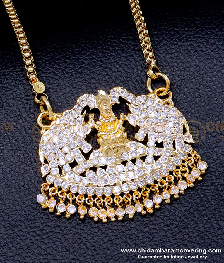 DLR257 - White Stone Gajalakshmi Pendant Long Chain with Dollar