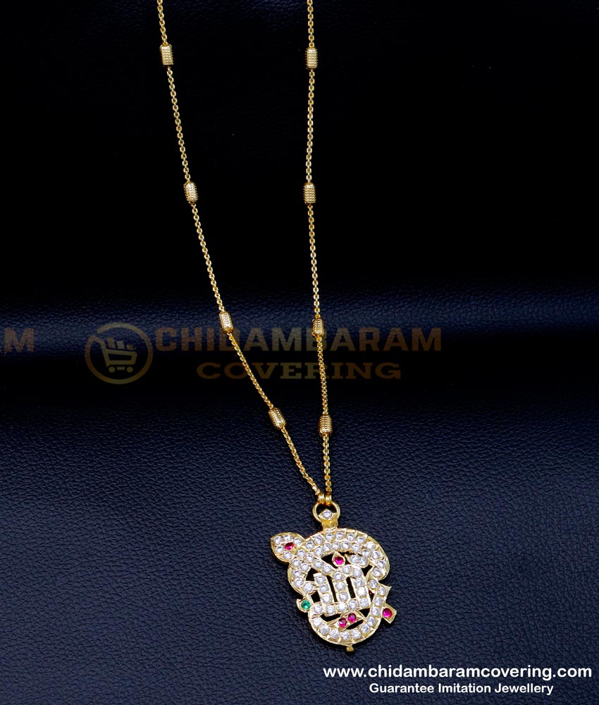 DLR270 - Impon White Stone Tamil Om Dollar with Vel Dollar Chain