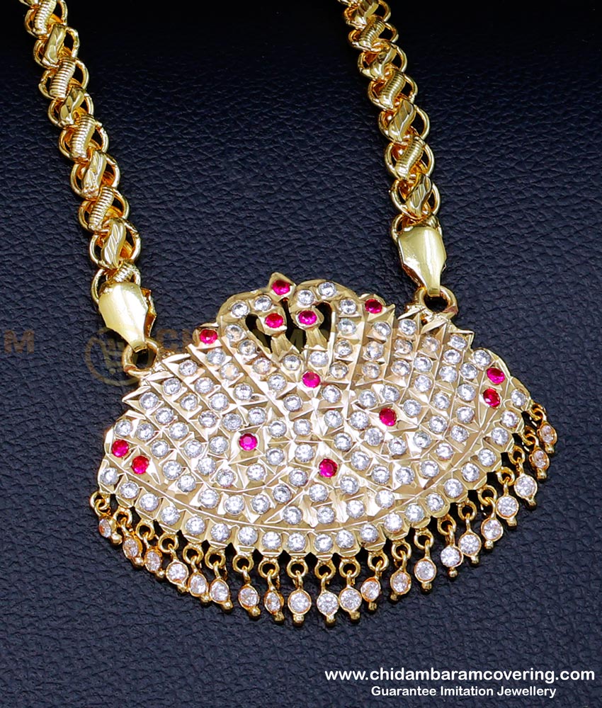 DLR280 - Impon Stone Swan Pendant Chain Gold Design for Wedding