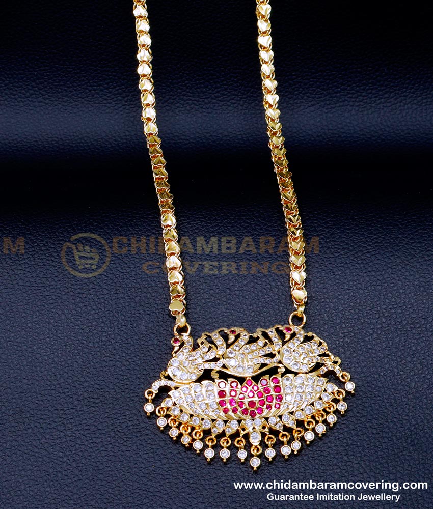 DLR293 - Beautiful White and Ruby Swan Pendant Gold Plated Chain