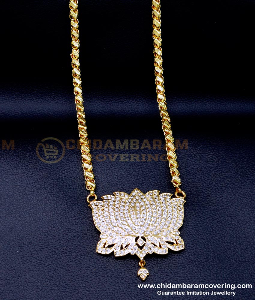 DLR295 - Premium Quality Impon Big White Stone Lotus Pendant Chain