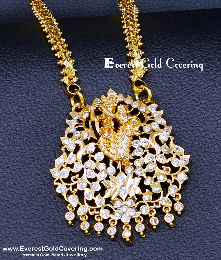 DLR319 - 30 Inch Long Impon Jewellery Chain Radha Krishna Gold Pendant Design