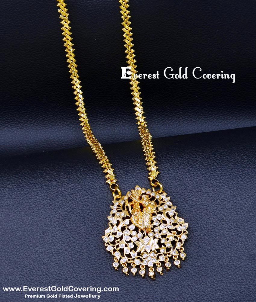 DLR319 - 30 Inch Long Impon Jewellery Chain Radha Krishna Gold Pendant Design