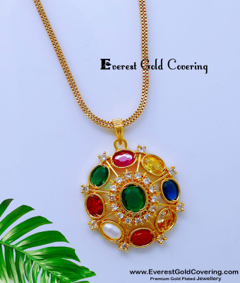 DCHN294 - Real Gold Pattern Navratna Pendant Design with Chain