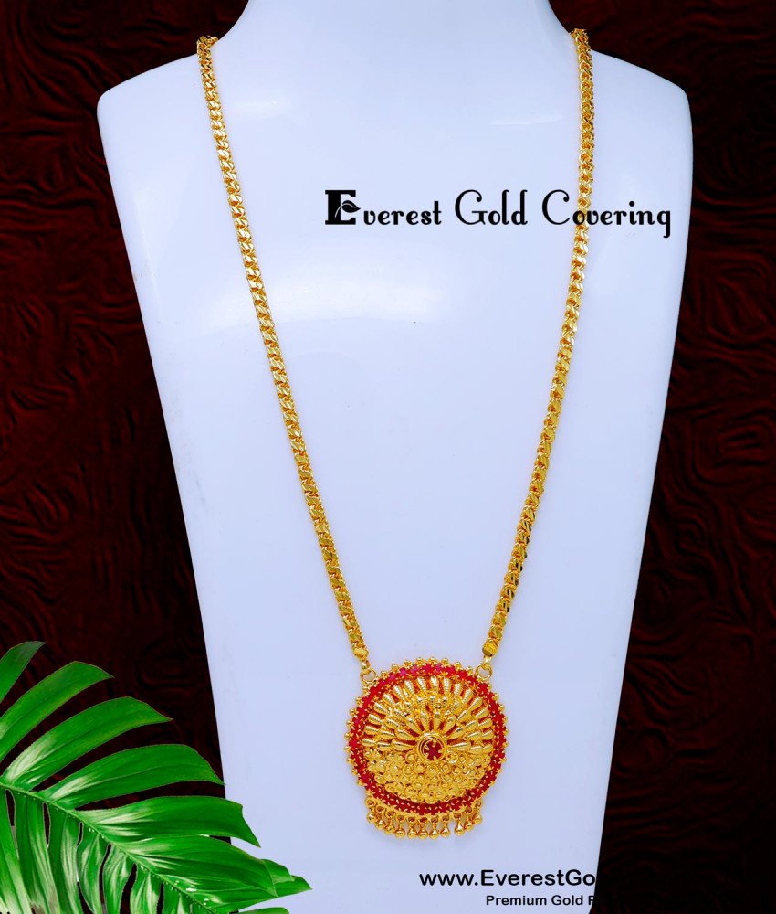 DCHN300 - Attractive Ruby Stone Round Pendant with Long Chain