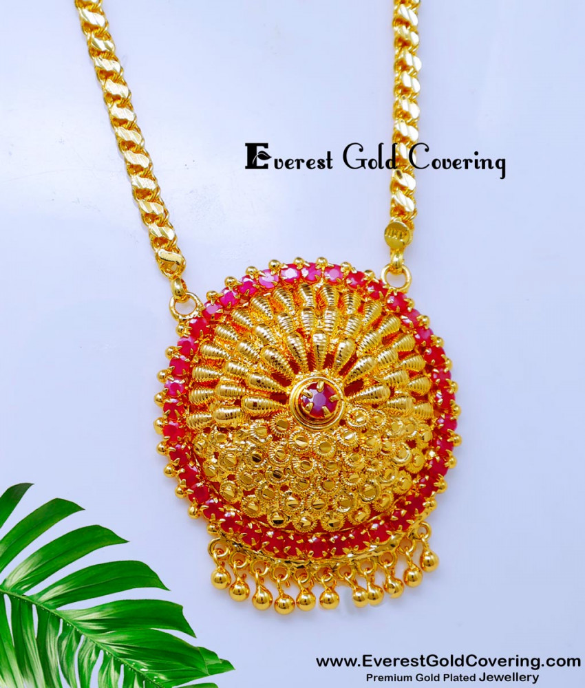 DCHN300 - Attractive Ruby Stone Round Pendant with Long Chain