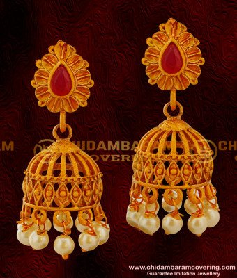 ERG024 – Cage Design Temple Jhumkas with Red Stone Golden Matti Earrings for Women