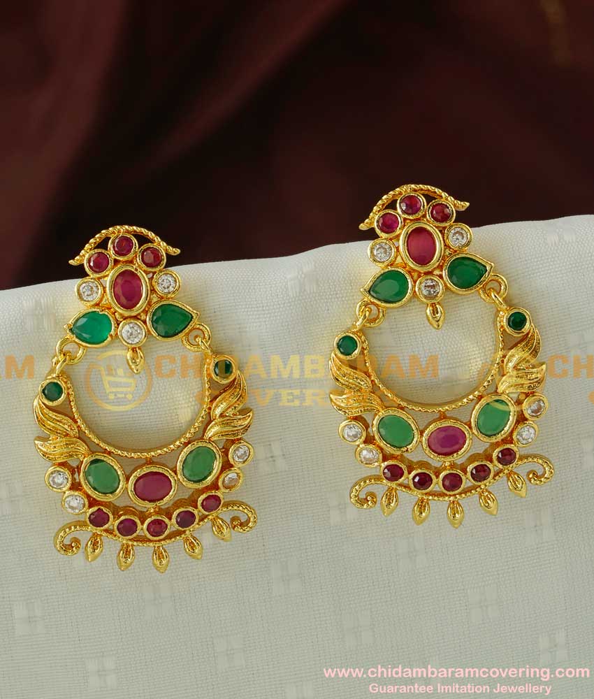 ERG086 – 1 Gram Gold CZ Ruby Emerald Stone Chandbali Earring Online
