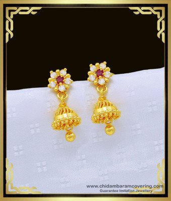 ERG1009 - Traditional South Indian White and Ruby Ad Stone Small Jhumkas Design Jimiki for Girls