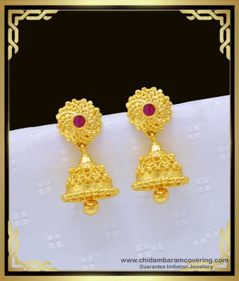 ERG1010 - Stunning Gold Daily Wear Single Ruby Stone Solid Jhumkas Design One Gram Gold Jewelry