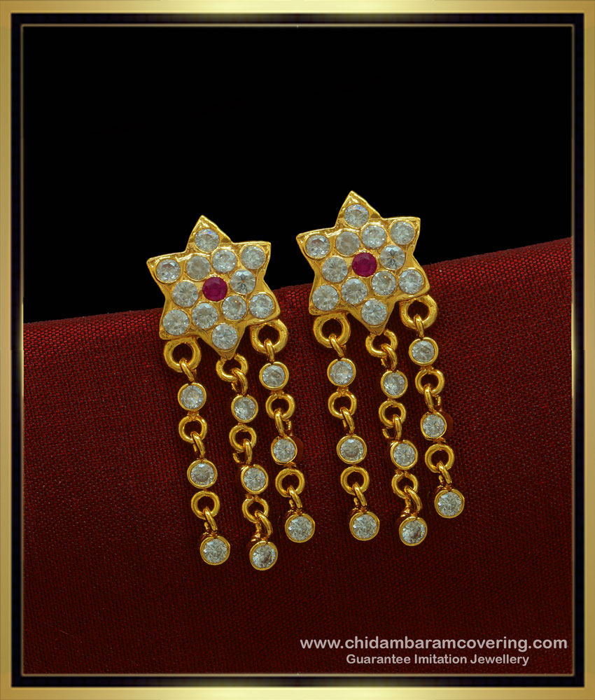 ERG1020 - Five Metal Impon Party Wear Flower Design Hanging Stone Chain Impon Earrings Online 