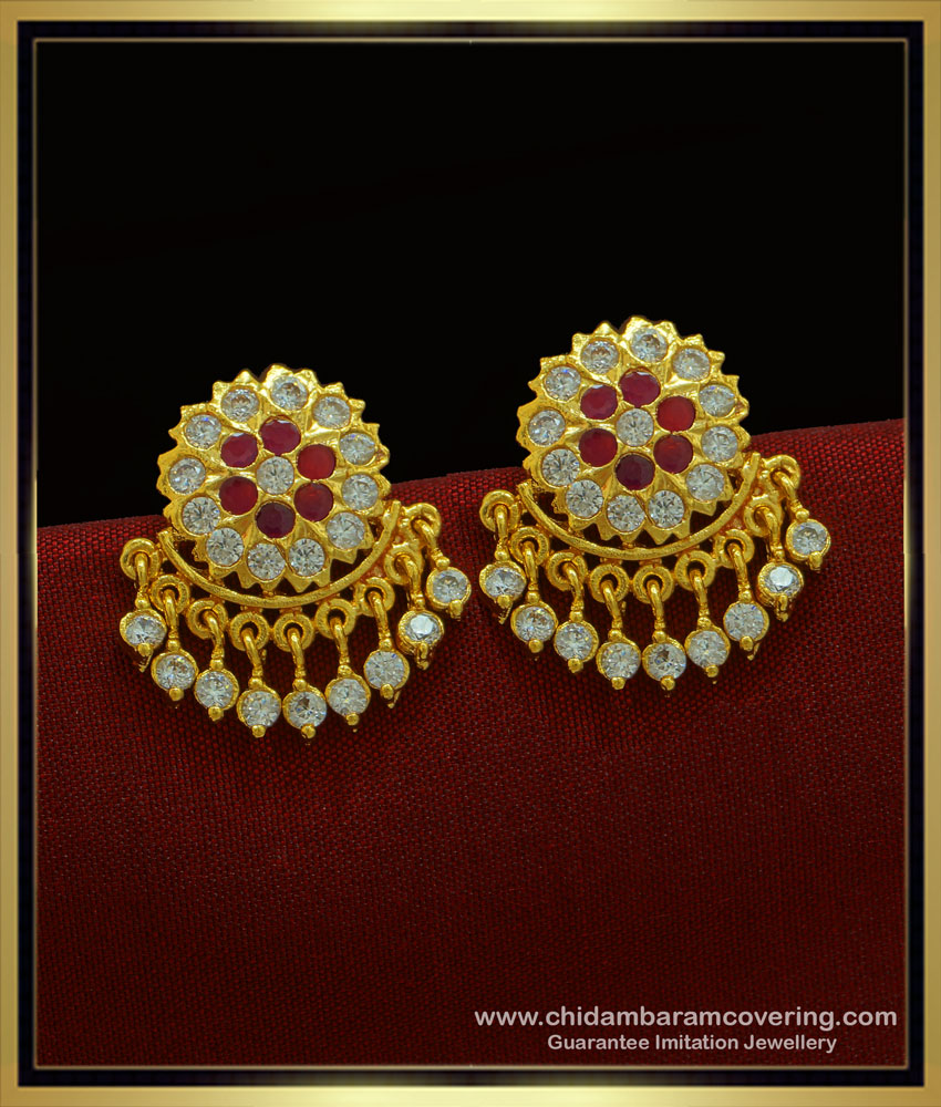ERG1024 - Panchaloha Big Flower Designs with Hanging Stone Drops Impon Jewellery Online