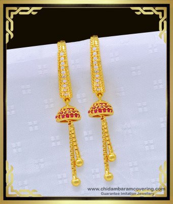 ERG1028 - Modern White and Ruby Stone Jhumkas Hanging Earrings for Teenage Girls 