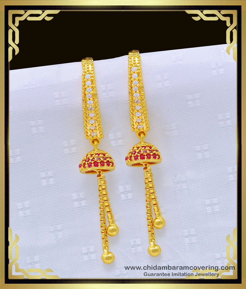 ERG1028 - Modern White and Ruby Stone Jhumkas Hanging Earrings for Teenage Girls 