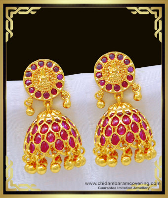 ERG1034 - One Gram Gold Real Kemp Stone Lakshmi Design Jimiki Kammal South Indian Jewelry 