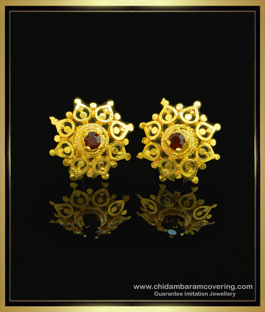 ERG1038 - Elegant Single Ruby Stone Flower Design Earrings Buy Online Shopping