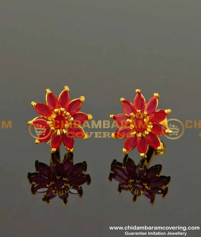 ERG107 – Party Wear Floral Design Ruby Stone Studs One Gram Gold Jewellery Online