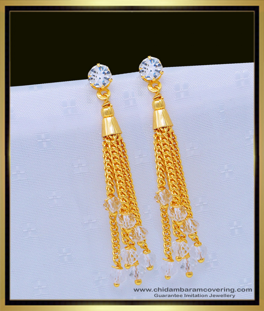 ERG1074 - Modern Long Fancy Earring Designs White Crystal with White Stone Multi Chain Earrings 
