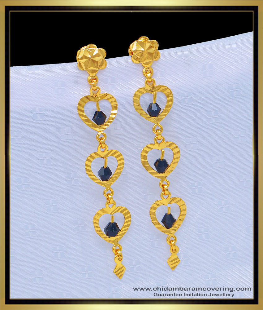 ERG1085 - One Gram Gold Black Crystal Long Danglers Latkan Design