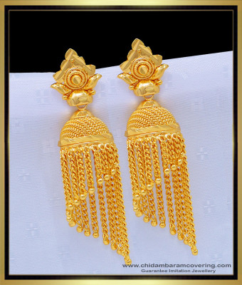 ERG1088 - Bridal Wear Real Gold Design Hanging Chain Jhumkas Earing One Gram Gold Jewellery Online