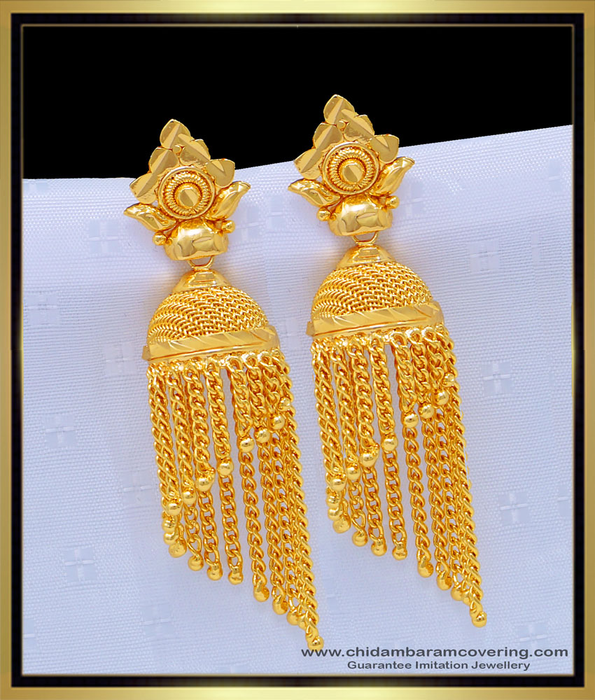 ERG1088 - Bridal Wear Real Gold Design Hanging Chain Jhumkas Earing One Gram Gold Jewellery Online