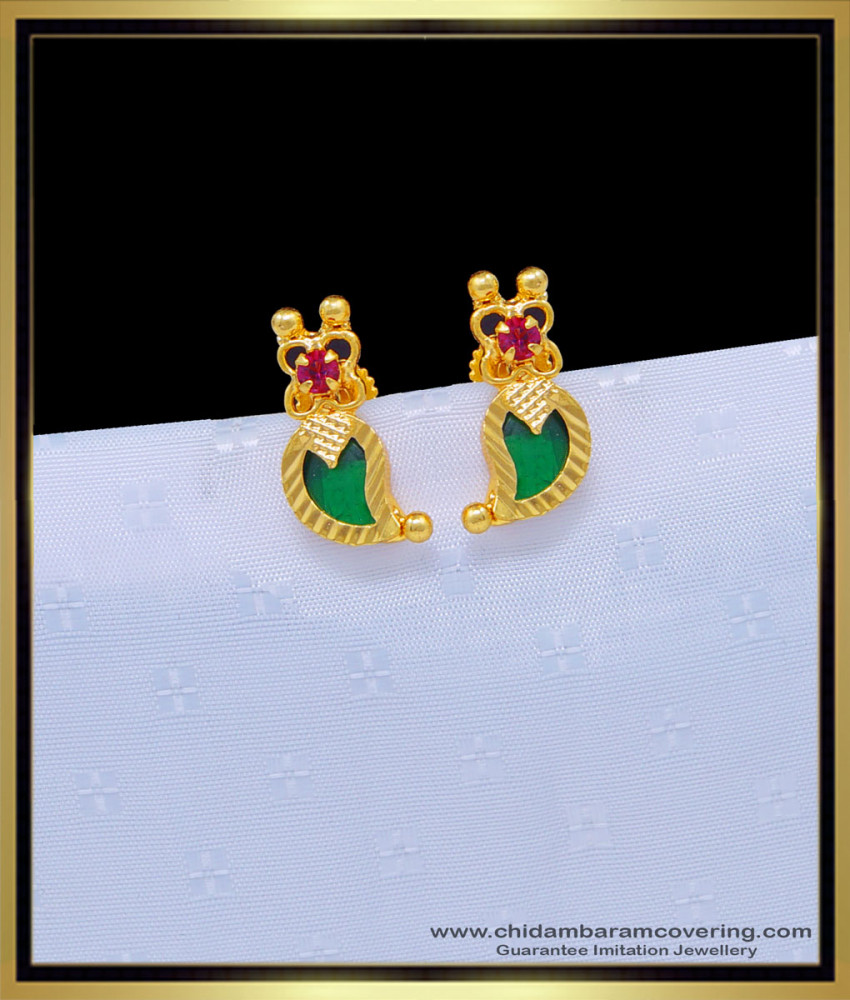 ERG1097 - Kerala Green Palakka Earring with Ruby Stone Gold Plated Palakka Studs Online