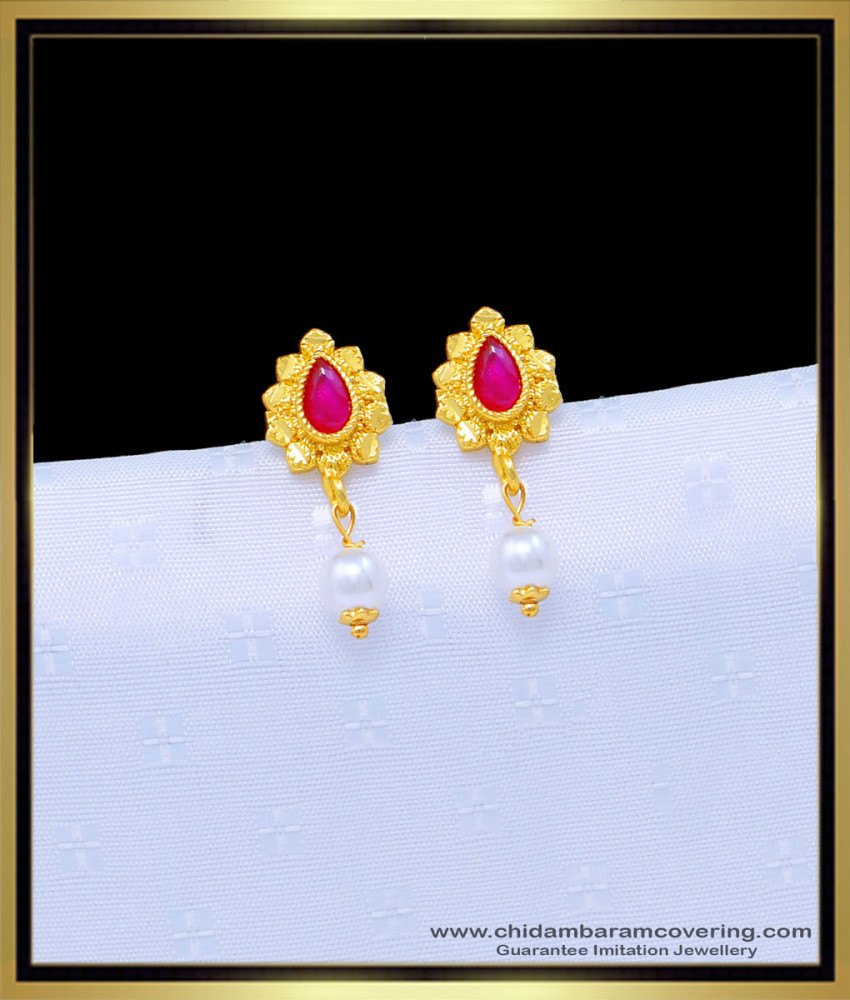ERG1107 - Latest One Gram Gold Ruby Stone with Pearl Drops Earrings For Girls