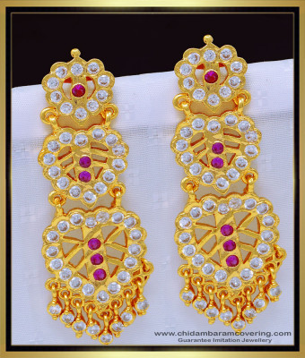 ERG1143 - Bridal Wear Gold Design Impon Two Layer Long Earrings Thick Metal Jewellery Online