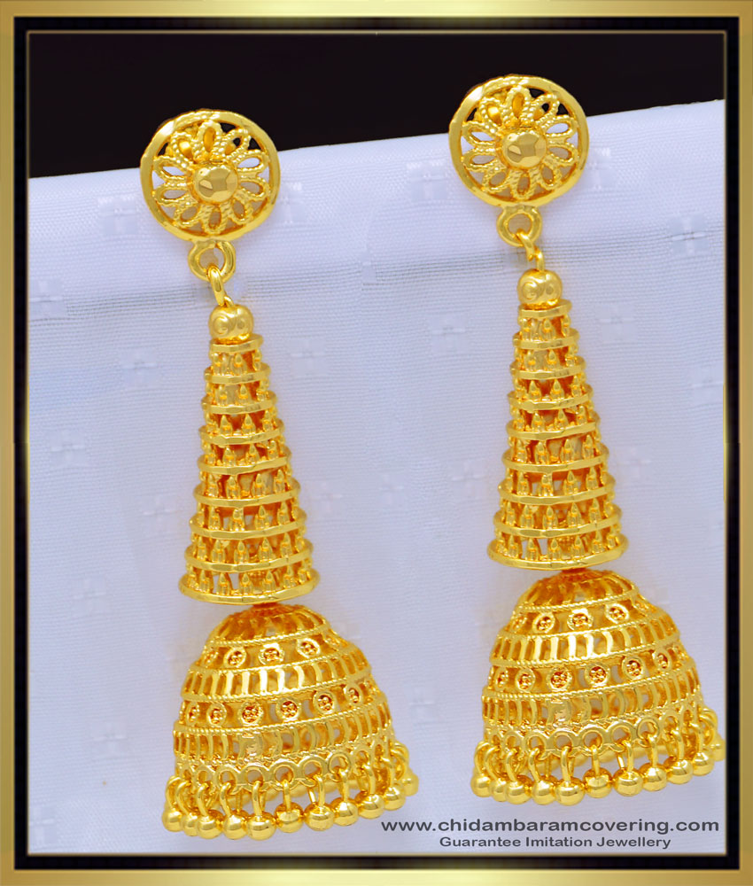 ERG1156 - Latest Gold Plated Cone Design Long Size Jhumkas Earring Indian Bridal Jewelry Online
