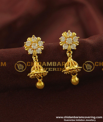 ERG118 - Real Gold Design Full White Stone Small Jhumkas for Girls 