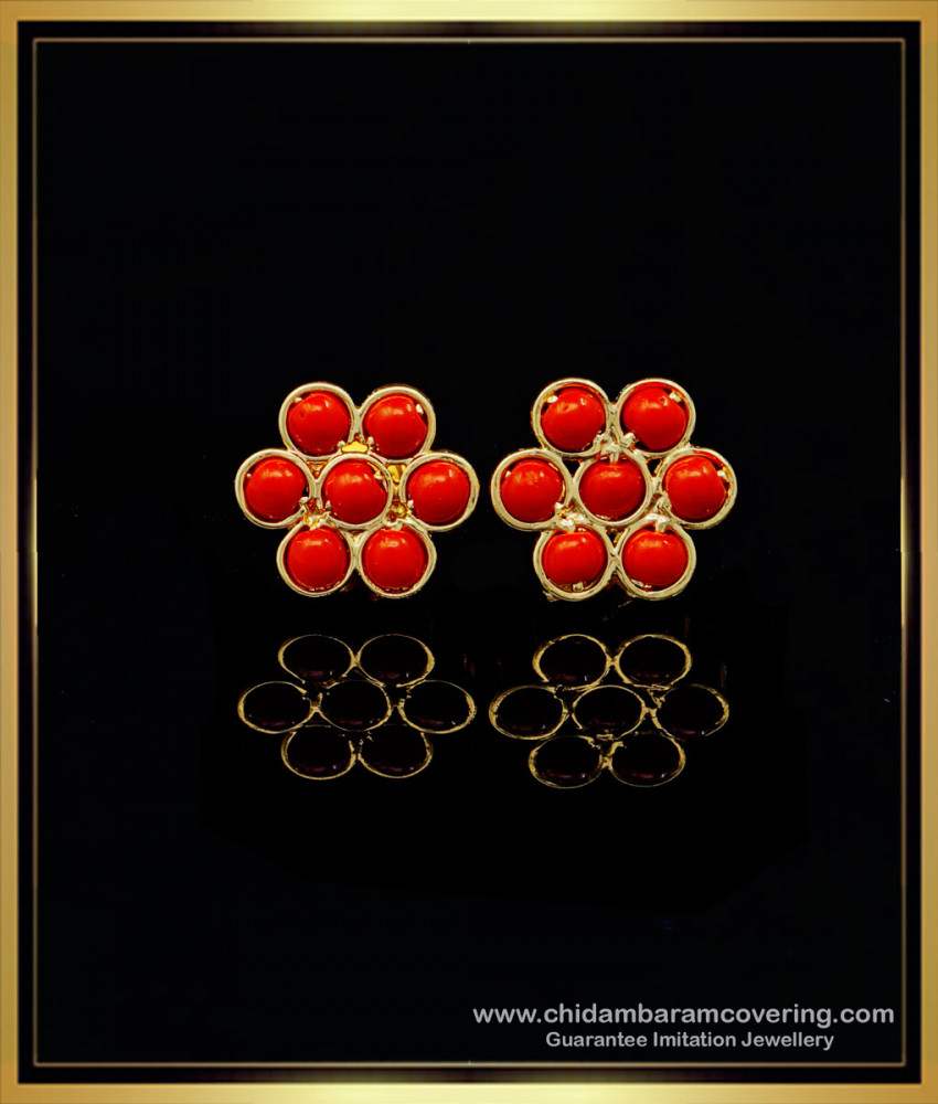ERG1189 - latest Red Coral Stud Earring one gram gold Pavazham Thodu for Women