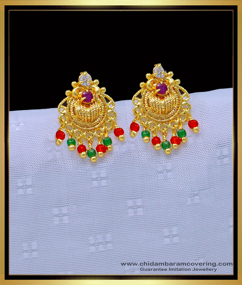 ERG1237 - Trendy Gold Design One Gram Gold White and Ruby Stone Crystal Stud Earring Online