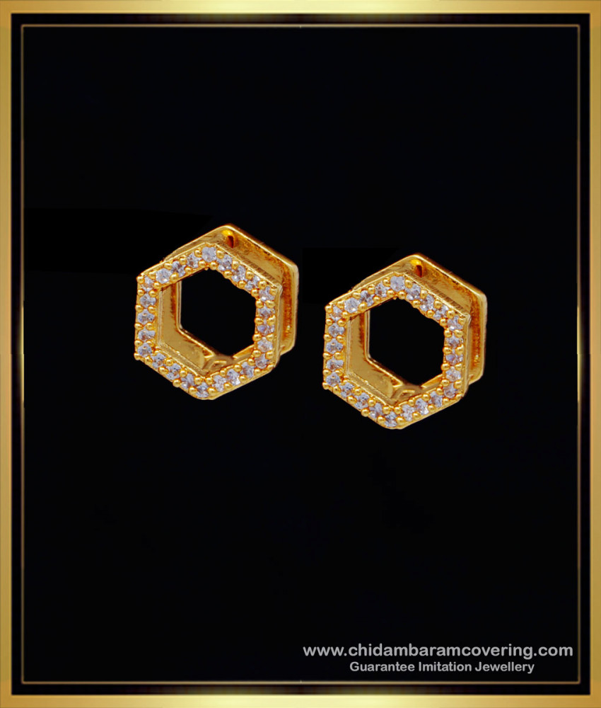 ERG1274 - Simple Daily Wear Hexagon Earrings Gold Design White Stone Hoop Earrings for Baby Girl   