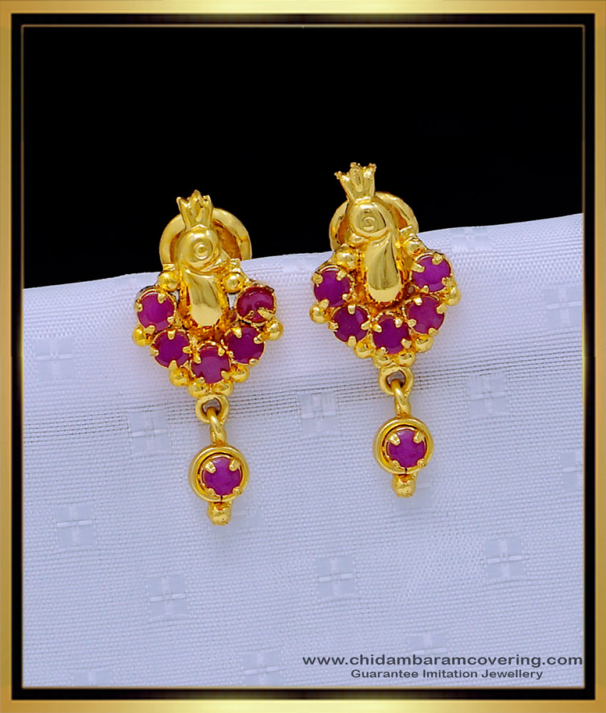 ERG1307 - Elegant Peacock Design Ruby Stone Daily Wear Small Stud Earrings for Ladies 
