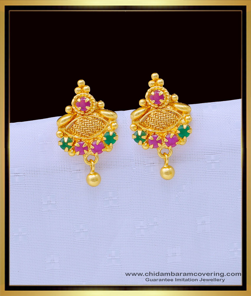 ERG1319 - Beautiful Small Gold Design Ruby Emerald Stone Earrings for Female