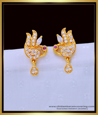 ERG1322 - Elegant Gold Pattern Peacock Design Party Wear White Stone Stud Earrings for Girls