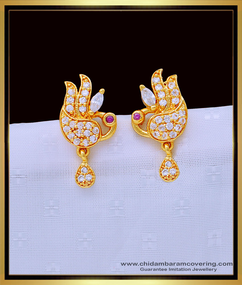 ERG1322 - Elegant Gold Pattern Peacock Design Party Wear White Stone Stud Earrings for Girls