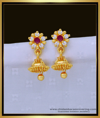 ERG1369 - Traditional South Indian White and Ruby Ad Stone Small Jimiki Design for Girls