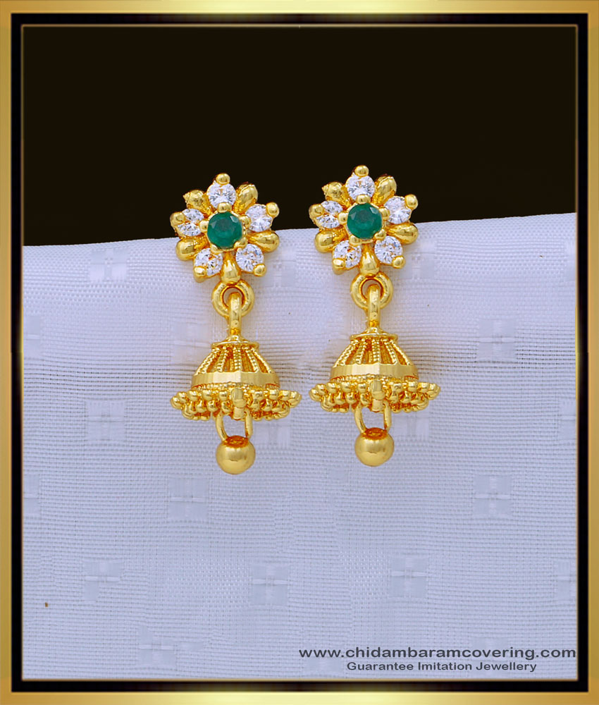 ERG1370 - Traditional Gold Design White and Green Stone Small Jhumkas Online Shopping 