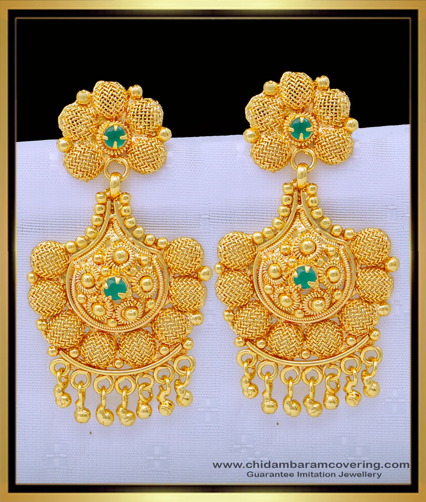 ERG1372 - New Model Light Weight Gold Plated Green Stone Dangler Earrings Design 