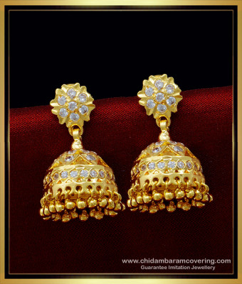 ERG1399 - Real Gold Design White Stone Jhumkas Design First Quality Impon Jewellery Online