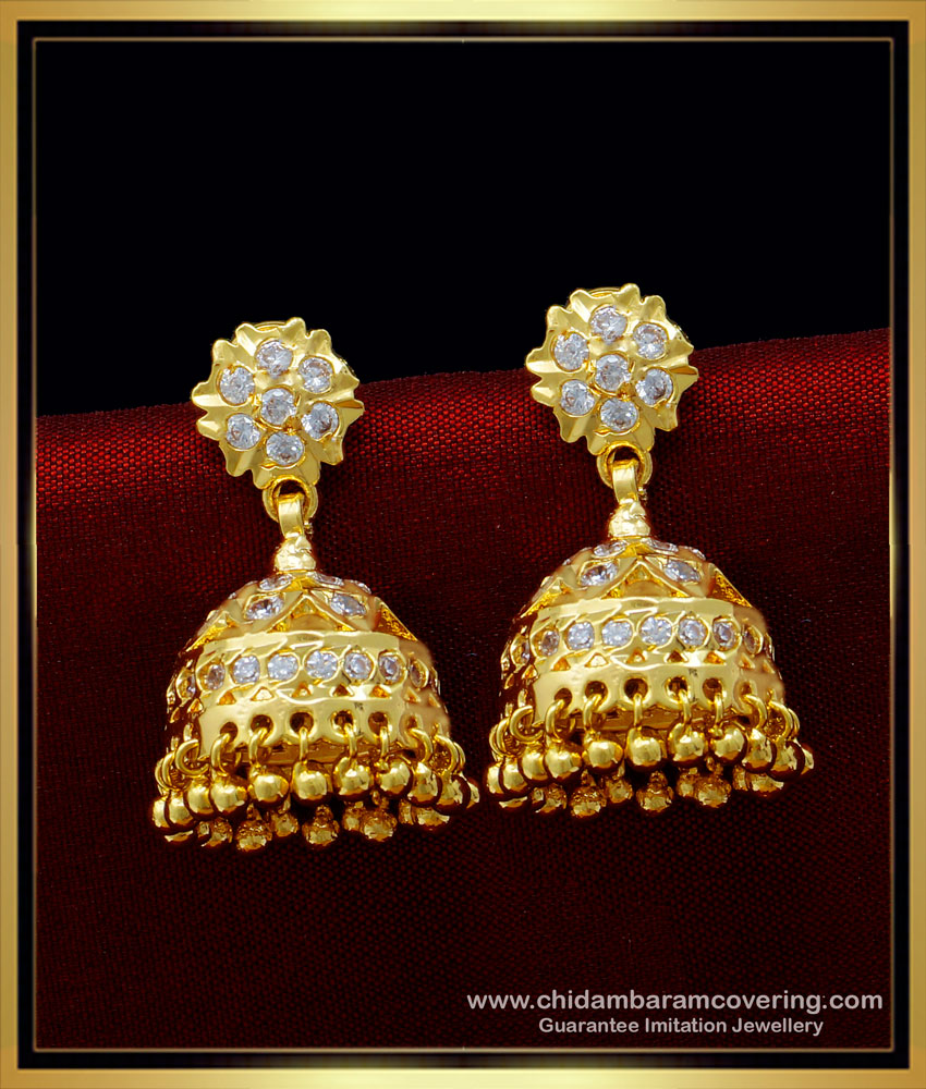 ERG1399 - Real Gold Design White Stone Jhumkas Design First Quality Impon Jewellery Online