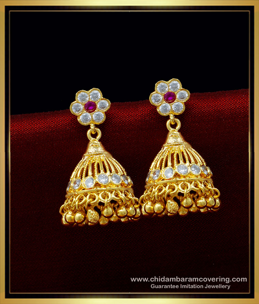 ERG1400 - South Indian Bridal Wear Impon Latest Model Stone Jhumkas Online 