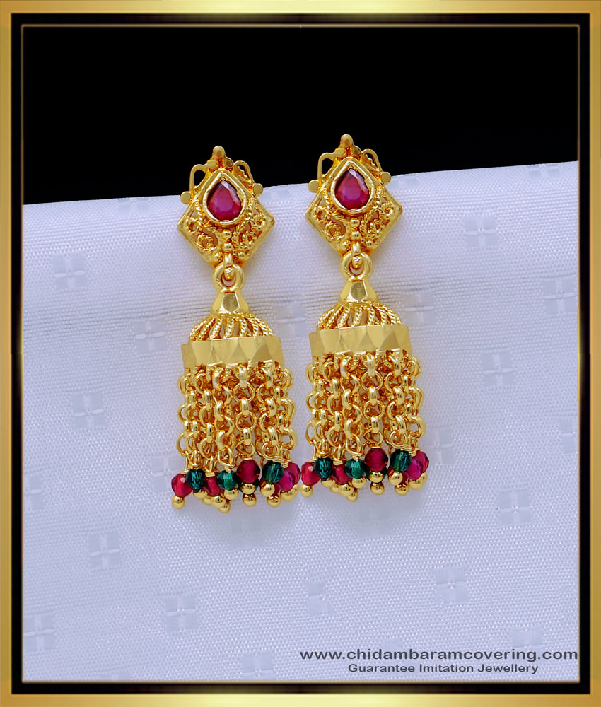 ERG1403 - New Model Pink and Green Crystal Beads with Ad Stone Jimiki Kammal Design