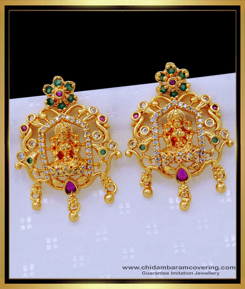 ERG1411 - Latest One Gram Gold Ad Stone Lakshmi Design Earrings for Women