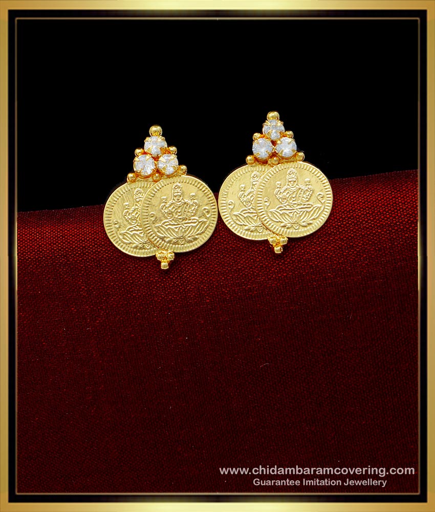 ERG1429 - Real Gold Look White Stone Daily Wear Lakshmi Kasu Stud Kammal Design
